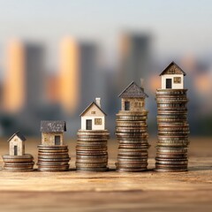 Gradual house size atop coin stacks, bokeh city background