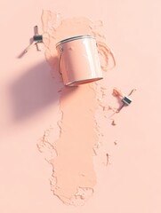 Pink paint spills, tin lays askew. Brushes flank puddle