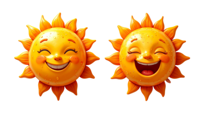 Pair of smiling sun characters featuring playful and cheerful designs isolated on transparent background