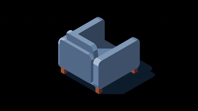 Isometric sofa animation. Modern sofa. Comfortable and cozy soft furniture. Isometric home furniture. Living room furniture. Transparent background with alpha channel