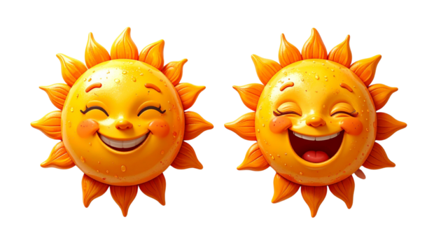 Pair of smiling sun characters featuring playful and cheerful designs isolated on transparent background
