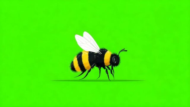 A stylized bumblebee with black and yellow stripes, white wings, stands on a green backdrop
