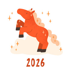 Chinese calendar New Year symbol. Vector cute red cartoon horse illustration. Happy New Year greeting card, banner template. 2026 Year of the Horse.  