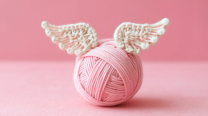 Crochet yarn ball angel wings adorable craft pink tone background