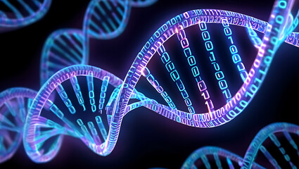 Abstract digital representation of a glowing blue and purple dna double helix structure with binary code integrated into its strands on a dark background