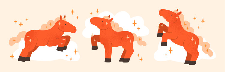 Chinese calendar New Year symbol. Cute vector set. Red cartoon horses  illustration. Happy New Year greeting card, banner template. 2026 Year of the Horse.  