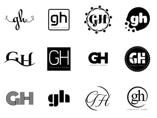 GH logo company template. Letter g and h logotype. Set different classic serif lettering and modern bold text with design elements. Initial font typography.