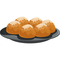 Plate of six golden brown round pastries with white powdered sugar dusting on a dark grey plate with transparent background