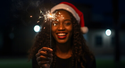 Cheerful young woman holding single sparkler in hand outdoor. Detail of african girl celebrating new year’s eve with bengal light. Closeup of beautiful woman holding a sparkling stick at party night.