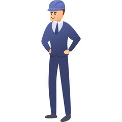 Pixelated male construction worker wearing blue hard hat dark blue suit white shirt and tie standing with hands on hips isolated on transparent background
