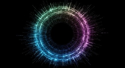 Futuristic digital energy portal with rainbow colors on a black background.