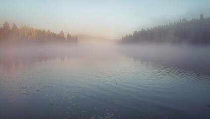 Fototapeta premium Reflecting dawn hues, mist-covered lake surface at forest lakeside, with mist and leaves drifting