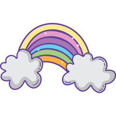 Pixelated rainbow arching with fluffy clouds on transparent background pastel colors magical sparkle effect