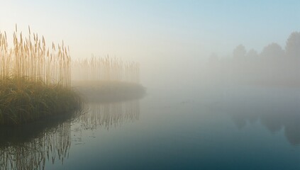 Showing tall reeds protruding along lakeside at dawn, with calm water surface and dense fog