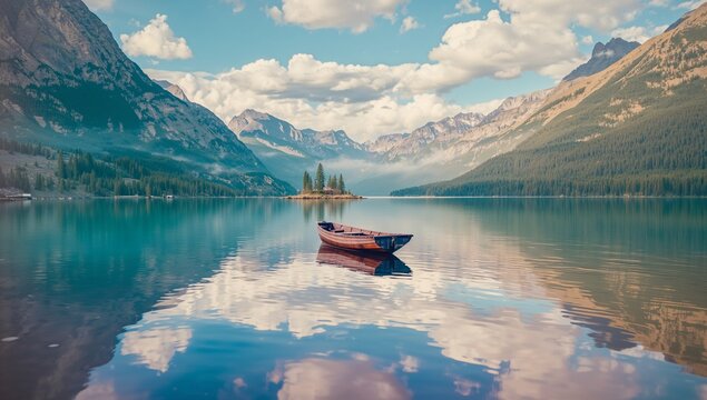 Floating wooden rowboat holding oars drifting on turquoise alpine lake, reflecting islet and peaks - Powered by Adobe