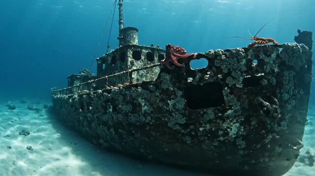 Fascinating underwater scene capturing a large red octopus moving along the rusty, barnacle covered deck of a sunken shipwreck, surrounded by crabs and lobsters on the sandy ocean floor