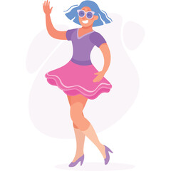 Pixelated Woman With Blue Hair And Sunglasses Waving Hello In A Pink Skirt And Purple Shirt With Transparent Background