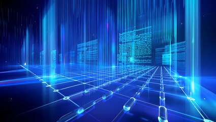 Abstract futuristic digital cityscape with glowing blue light trails and network connections representing technology and data flow abstract blue background with numbers