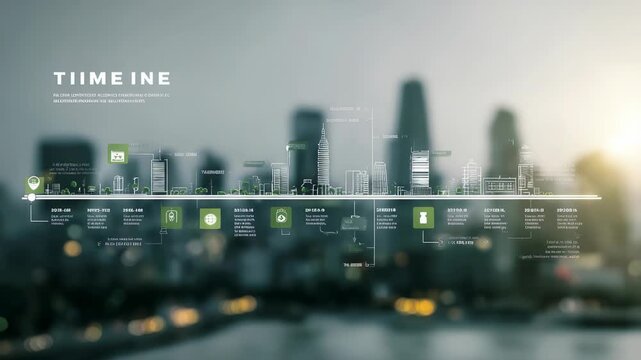 Blurred cityscape background features transparent timeline infographic with green icons, representing digital transformation, smart city progress. Futuristic data visualization emphasizes urban