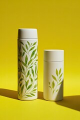 Two white flasks with leaf art stand on a bright yellow background