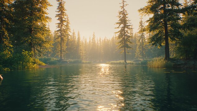 Lake water reflecting sunlight through pine trees at shoreline, with grassy reeds and rock outcrops