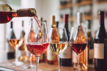 Rose wine pouring into glass against blurred bottle backdrop