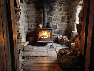 Rustic stone fireplace with burning stove, warm glow