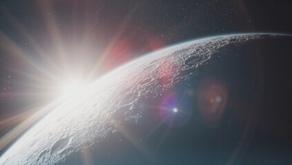 Cratered curved surface reflecting rising star light in orbit, with lens flares and soft rays