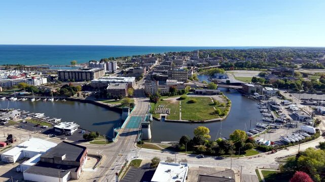 aerial pan over downtown racine wisconsin