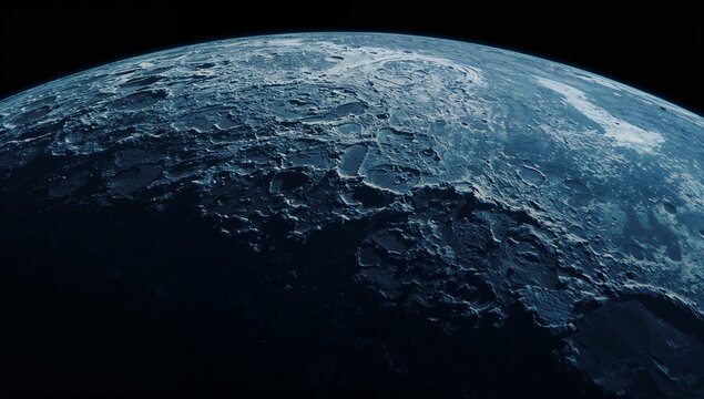 Revealing icy planetary disk displaying cratered terrain in orbit, with rugged crater rims