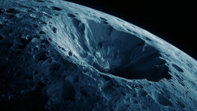 Showing large impact crater on moon-like surface, with rocky outcrops and radial ejecta