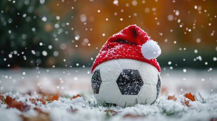 Soccer ball wearing Santa hat lying on playing field covered with snow and Christmas baubles during match in stadium celebrating Christmas time. Copy space. Banner