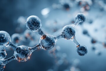 A detailed, close-up rendering of a molecule structure with interconnected atoms and intricate internal network, set against a soft blue gradient background for science.