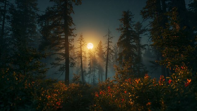 Glowing full moon casting golden light through misty pines at night, with red berry shrubs