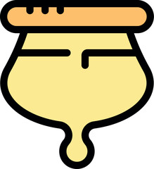 Honey dripping from ceramic honey pot with wooden dipper on white background