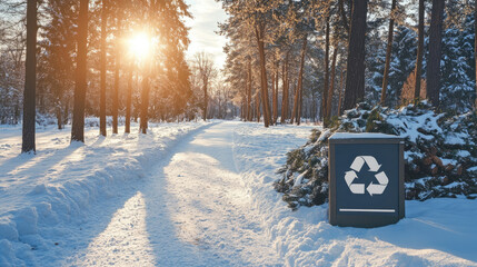 Sustainable disposal signage in snowy park with Christmas trees piled beside, government recycling program, eco awareness, winter urban environment, copy space, stock photo