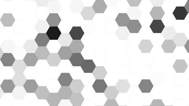 Abstract loopable monochrome honeycomb background, digital mosaic of blac white pulsating hexagonal tiles representing data flow, connectivity, or a technological grid