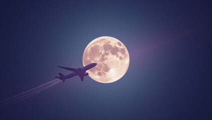 Flying commercial jet airliner silhouette past full moon across clear night sky with contrails