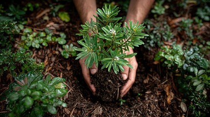 Woman cupping soil with tender green sprout close-up, planting tree in backyard banner for eco-sustainability campaign