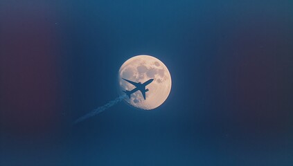 Crossing passenger jet silhouette leaving contrail across waxing gibbous moon in twilight sky