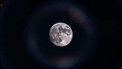 Glowing full moon revealing craters in night sky, with lens flare halo rings and faint stars