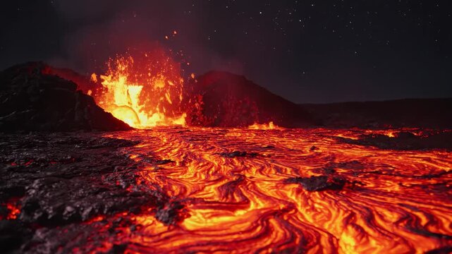 Violent volcanic eruption sending incandescent magma into the dark starry sky, creating a glowing river of molten rock that flows through the barren landscape during a powerful natural event