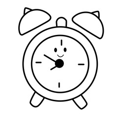 Cute alarm clock line art with happy face, minimalist vector illustration perfect for school, schedule, and time management themes.