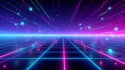 Abstract futuristic digital grid landscape with glowing neon lines and particles in vibrant blue and pink hues creating a sense of speed and data flow abstract blue background with stars