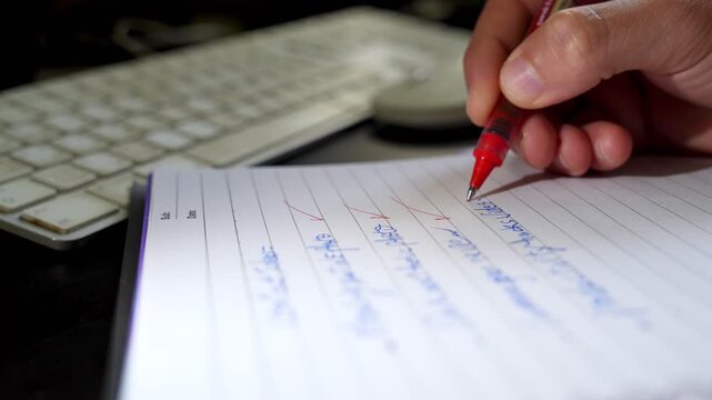 Close-up of a person marking tasks complete on a to-do list with a red pen beside a keyboard. Concept of productivity, focus, organization, and achieving goals.
