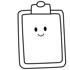 Cute clipboard with paper and smiling face, minimalist line art vector illustration for school, office, and study themes.