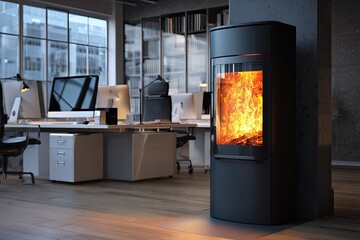 Modern wood stove glows in contemporary office