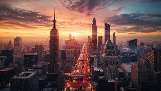 Showcasing skyscrapers glowing in downtown at dusk with vehicle lights streaming along broad avenue