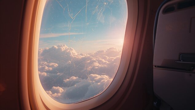 Capturing cloudscape glowing through scratched acrylic window in airplane cabin, with tray table