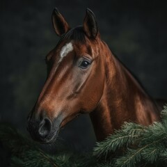 Fototapeta premium Portrait of a beautiful brown horse with a white blaze on its face, wearing a festive garland